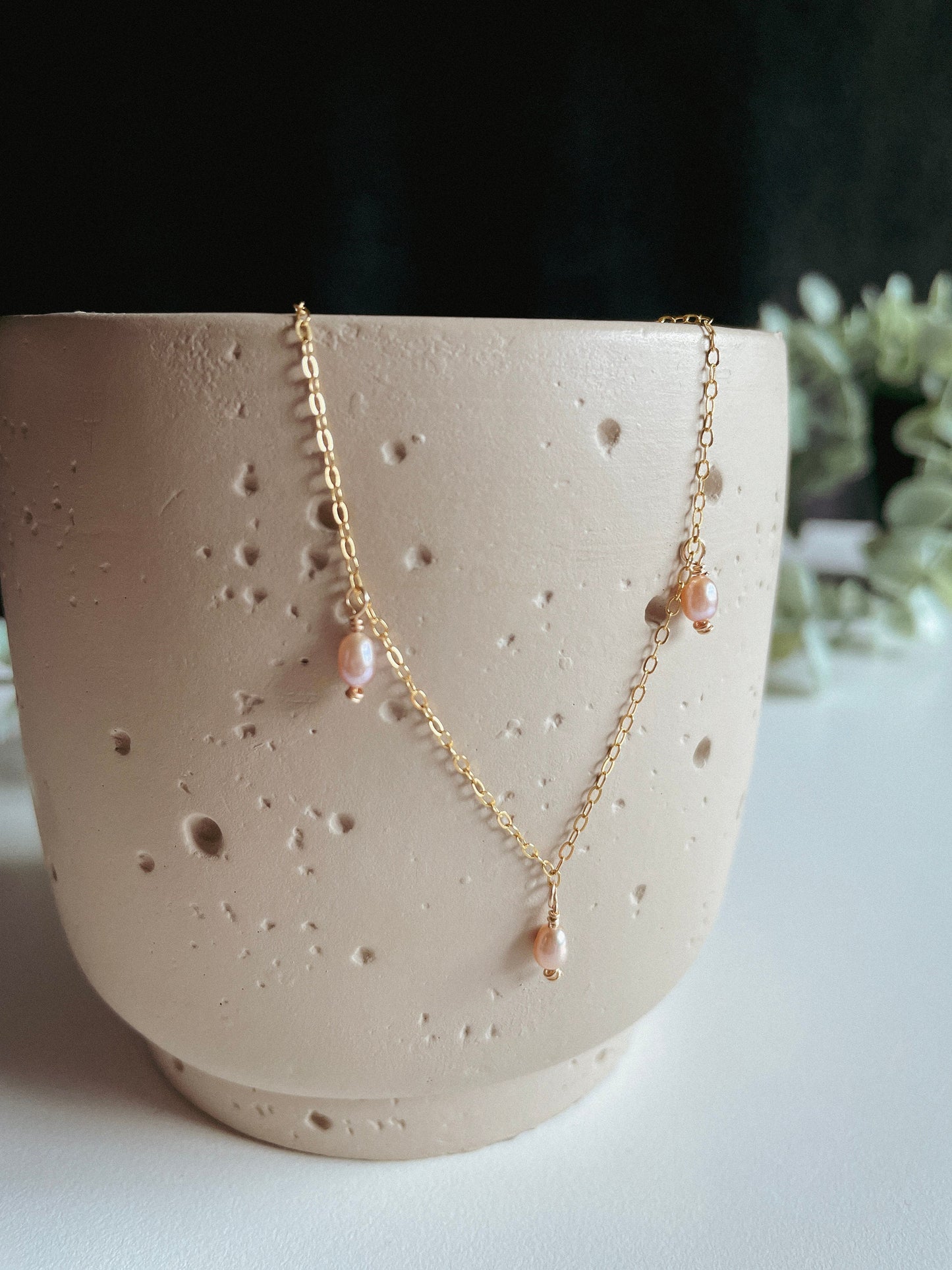 14k gold filled necklace with pink pearls