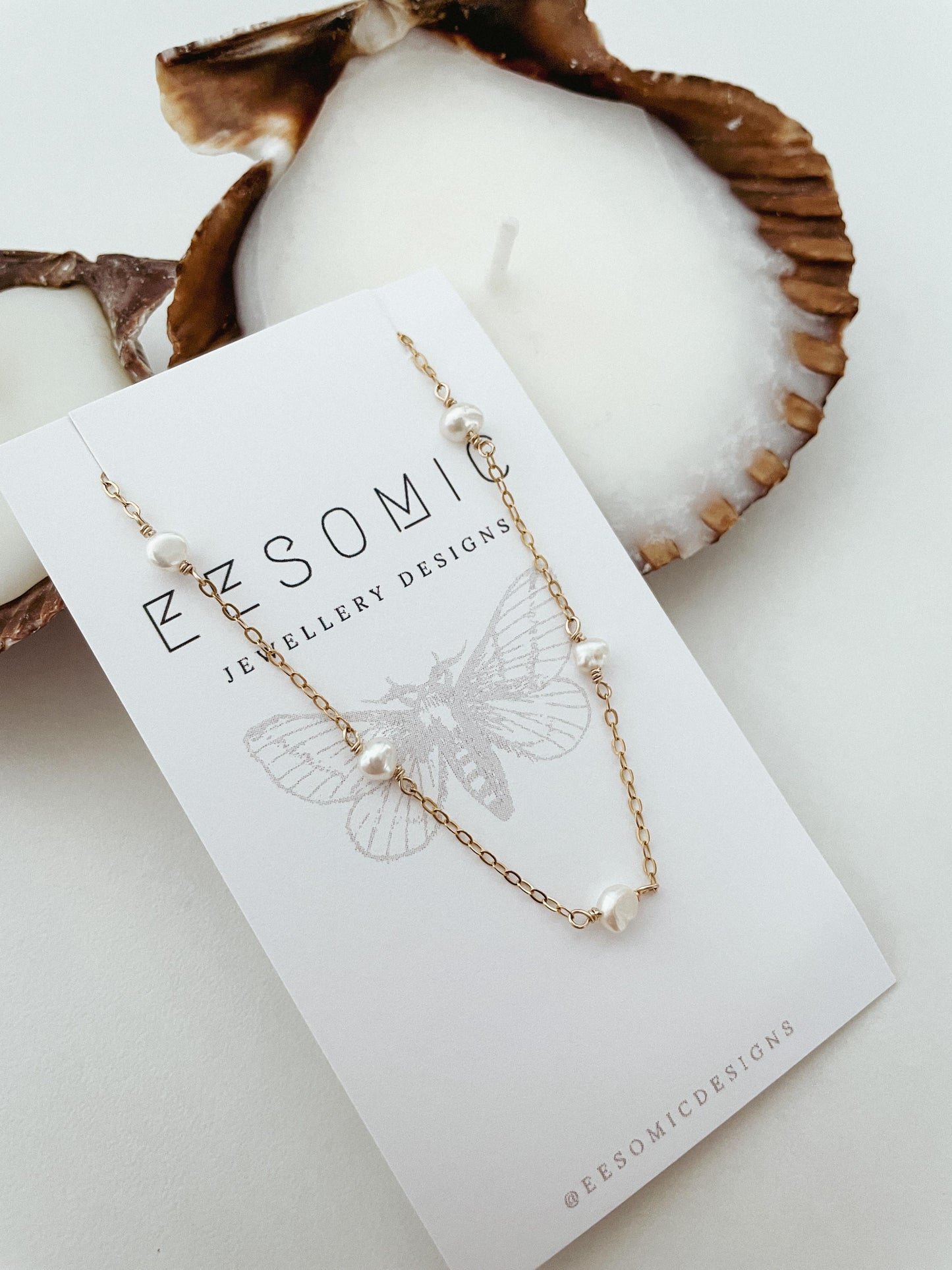 14k gold tiny pearl satellite necklace