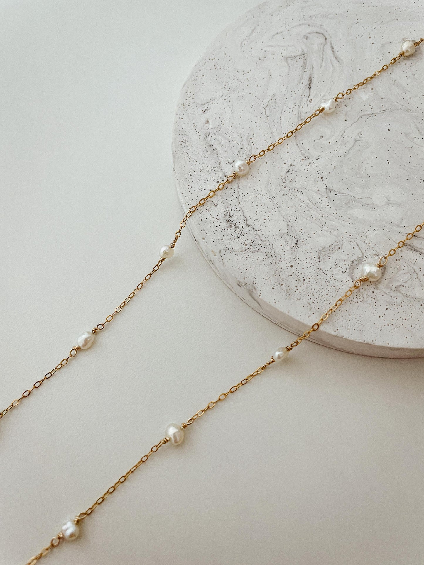 14k gold tiny pearl satellite necklace