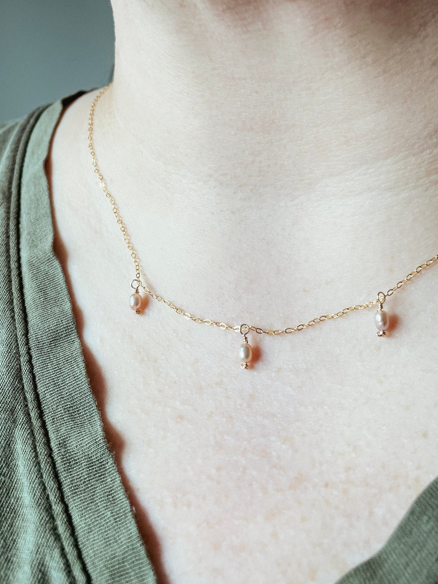 14k gold filled necklace with pink pearls