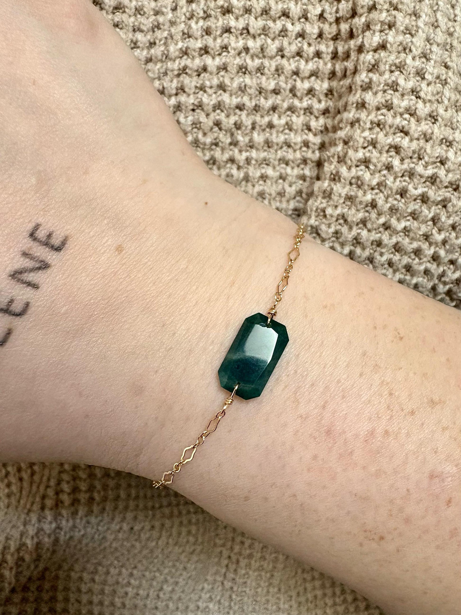 14k gold filled bracelet with deep green chalcedony
