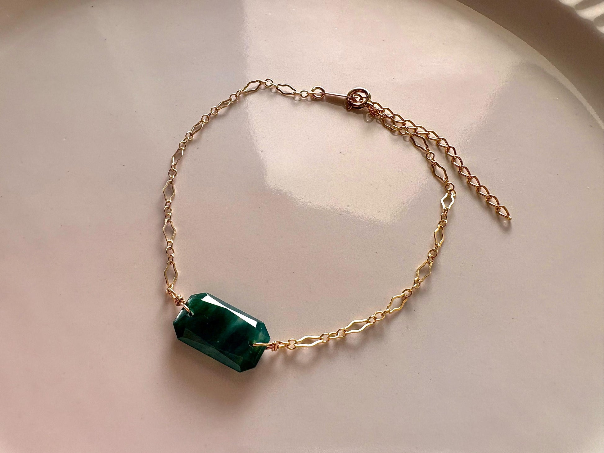14k gold filled bracelet with deep green chalcedony