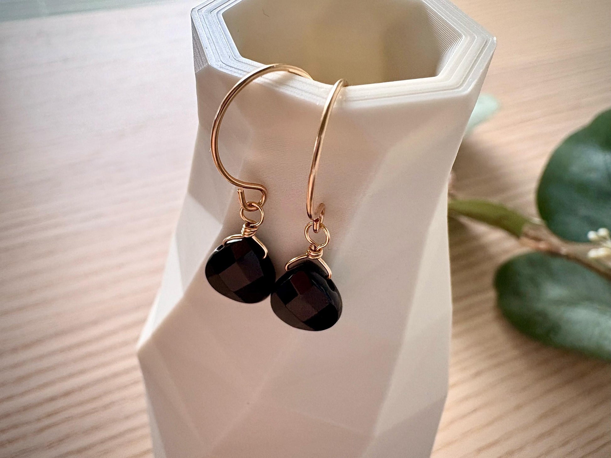 14k gold filled dangle earrings with faceted teardrop onyx