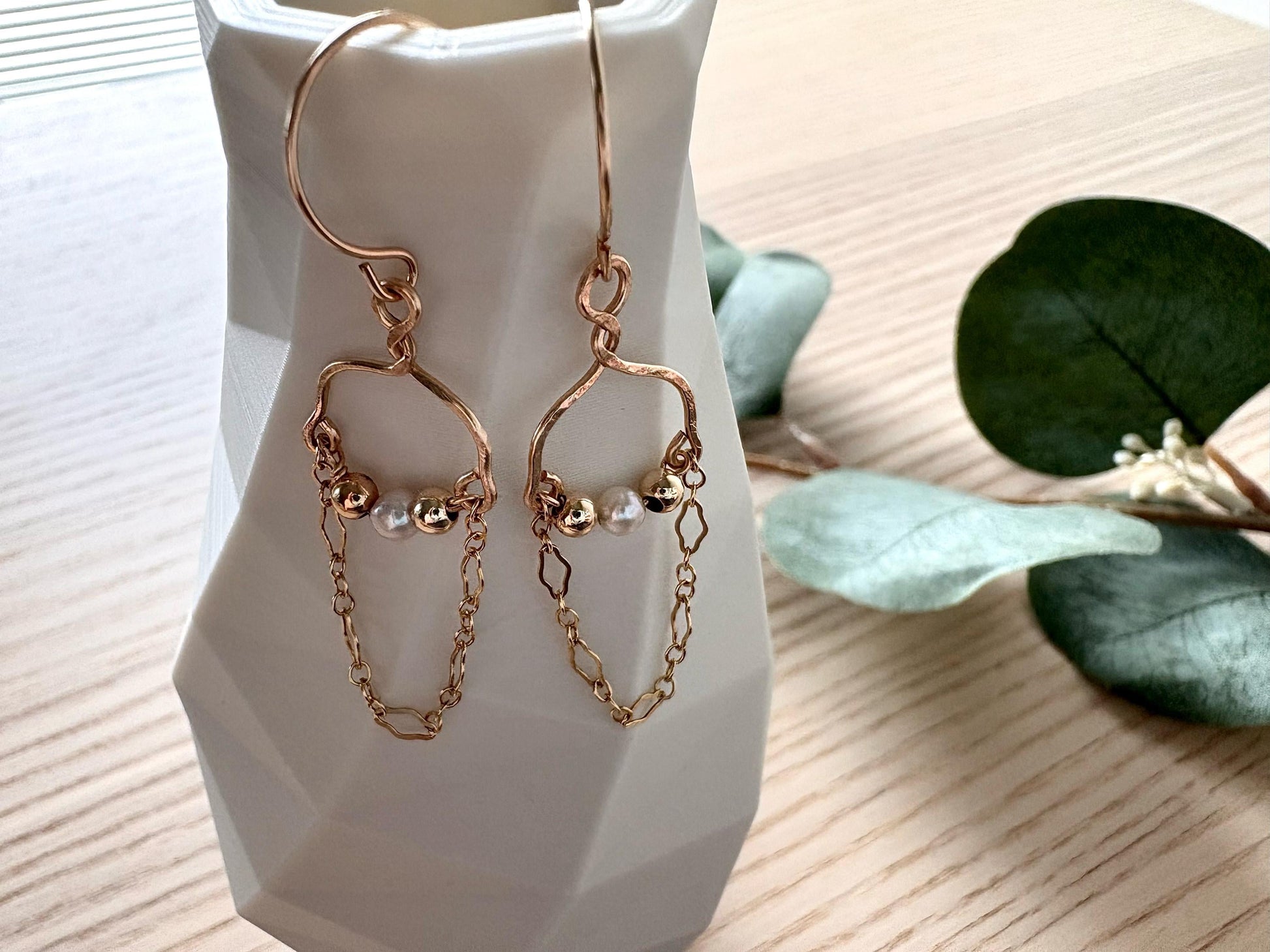 14k gold filled dangle earrings with chain and pearl