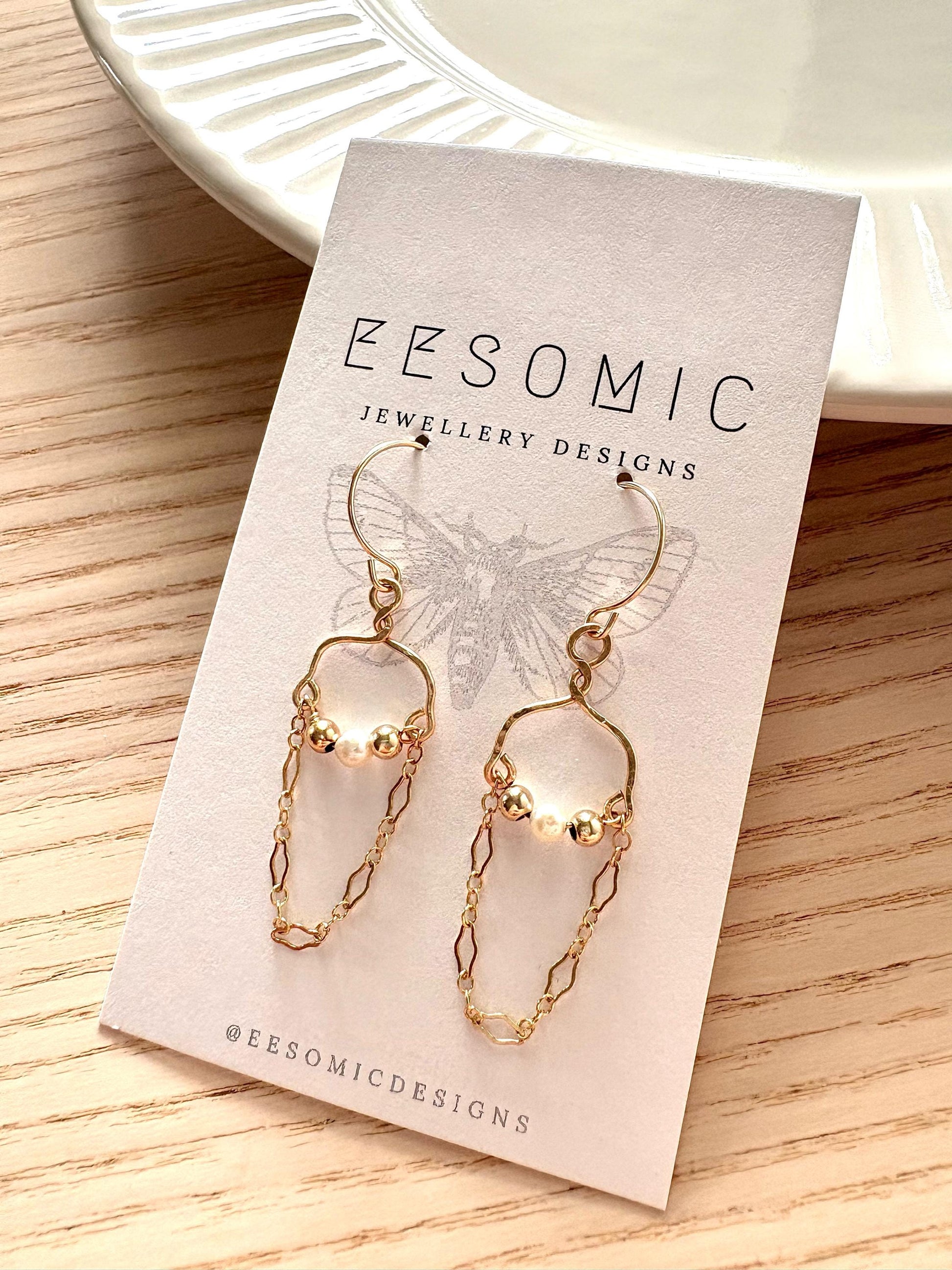 14k gold filled dangle earrings with chain and pearl