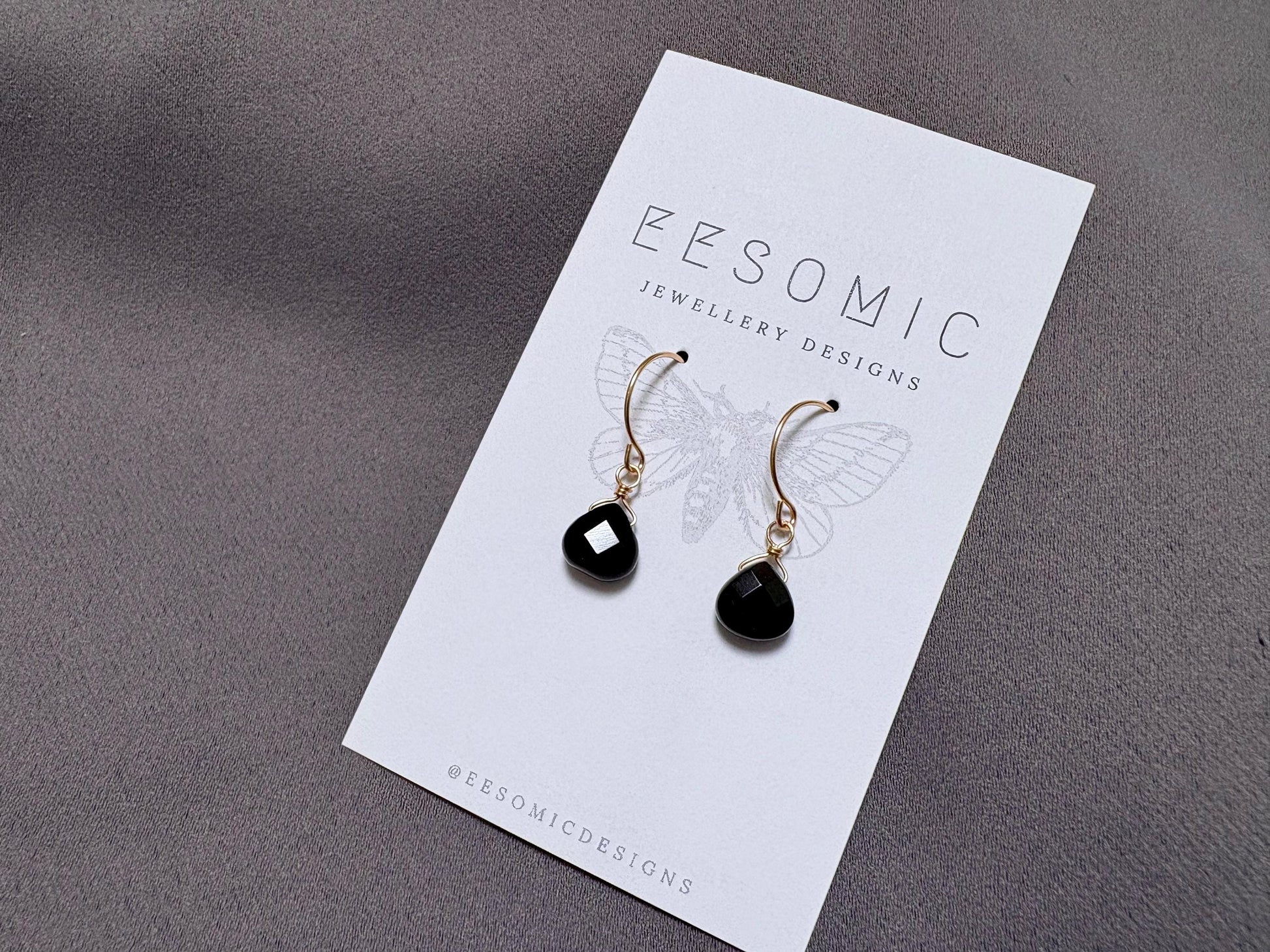 14k gold filled dangle earrings with faceted teardrop onyx