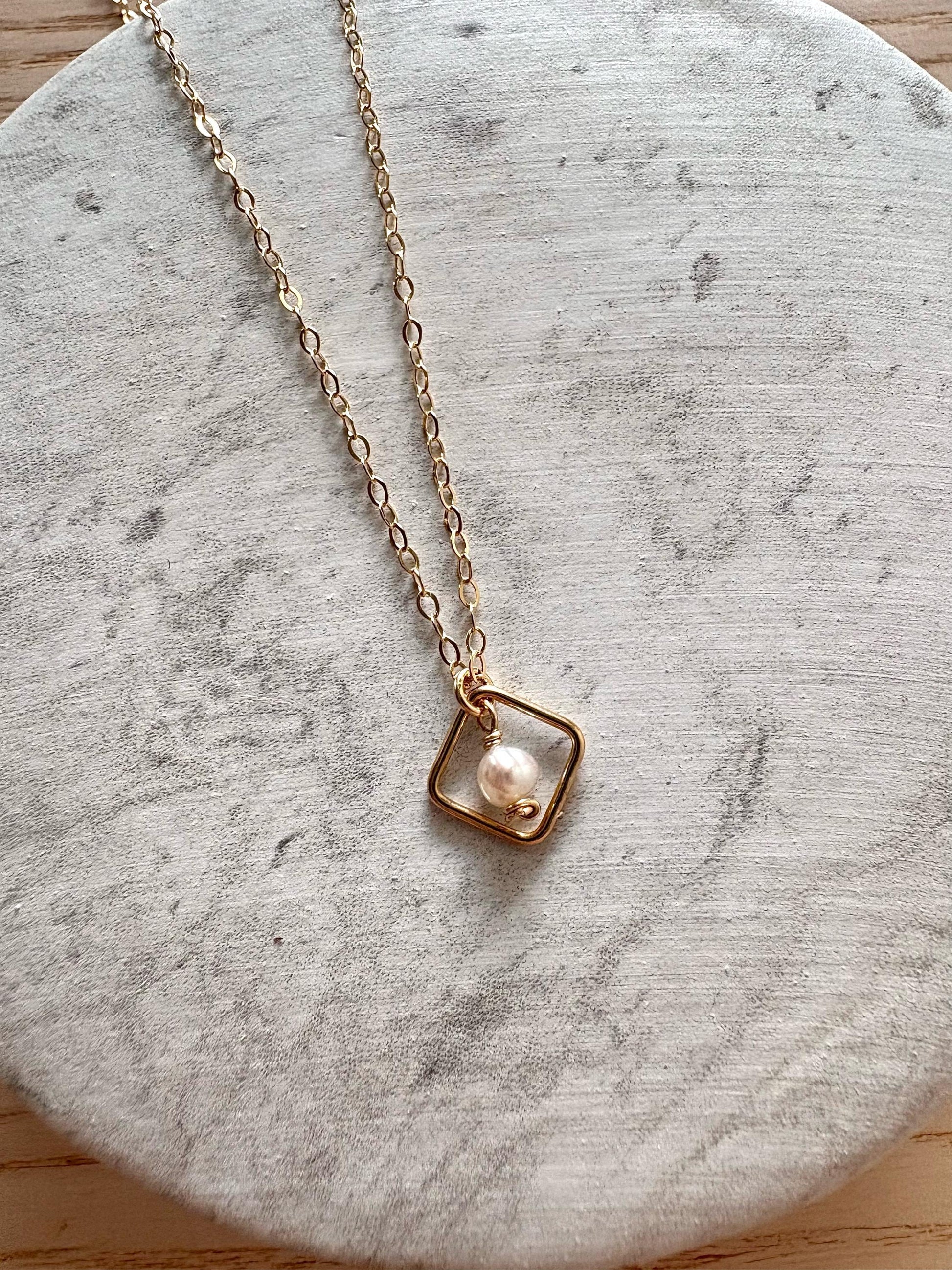 tiny framed freshwater pearl pendant necklace